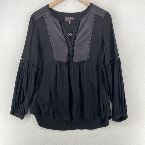 Hale Bob Tops - HALE BOB Top M Rosetta Suede Blouse Lace Trim V-Neck Long Sleeve Boho Black